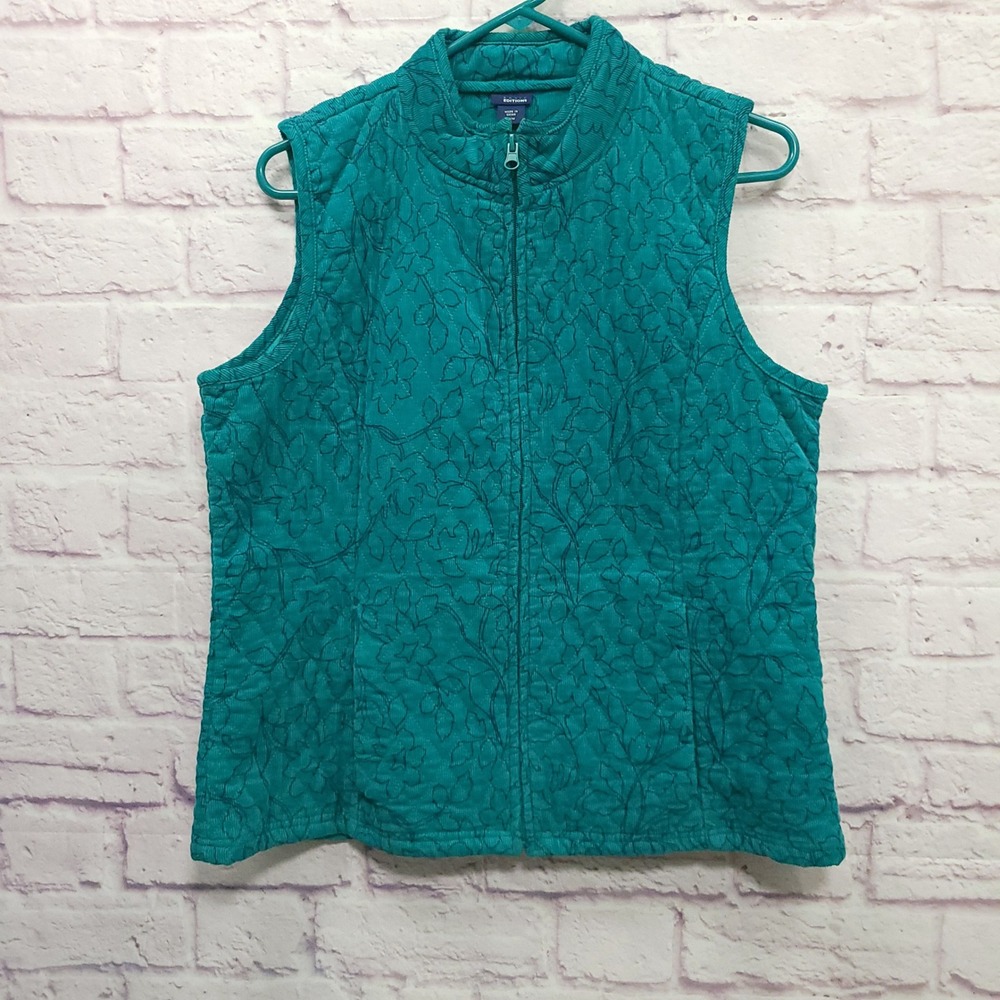 Basic Editions Floral Quilted Vest Womens M Teal Corduroy Full Zip Cottagecore